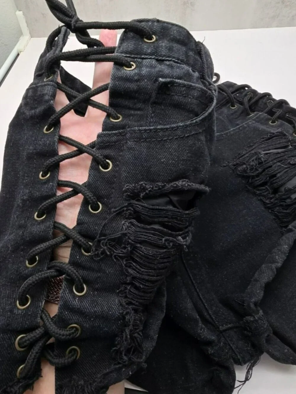 Black Distressed Denim Shorts With Lace-Up Sides And Frayed Hem Hot Pants JJ4380